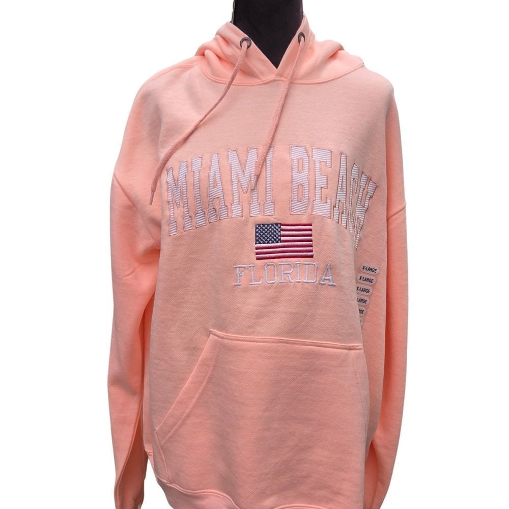Shark Tee Sounvenir Peach Hoodie with Miami Beach USA Flag Embroidery Print, XL